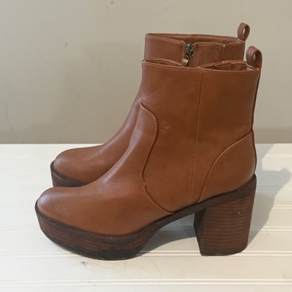 House of Harlow 1960 Ankle Boots Platform Block Heel 7.5 Brown Exc Cognac Wood